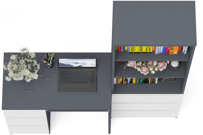 Мори компьютерный стол МС-6 левый + Стеллаж МСТ600.3, графит/белый