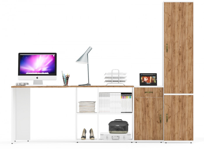 Лидер-8 Стол + Тумба МД 3.15 + Пенал МД 21Б, белый шагрень/крафт золото