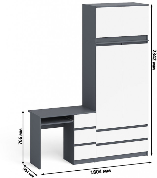 Мори компьютерный стол МС-6 правый + Шкаф МШ900.1 + Антресоль МА900.1, графит/белый