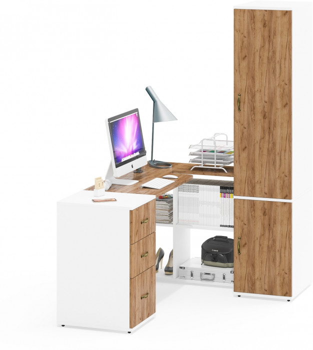 Лидер-8 Стол + Тумба МД 3.16 + Пенал МД 23Б, цвет белый шагрень/крафт золото, ШхГхВ 245х50х75/190 или 115х160/50х75/190 см., НЕ ун. сборка