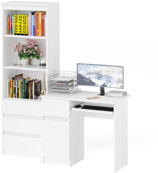 Мори Стол компьютерный МС-1 левый + Стеллаж МСТ600.3, цвет белый, ШхГхВ 150,4х50х179,6 см., выдвижной ящик слева, НЕ универсальная сборка