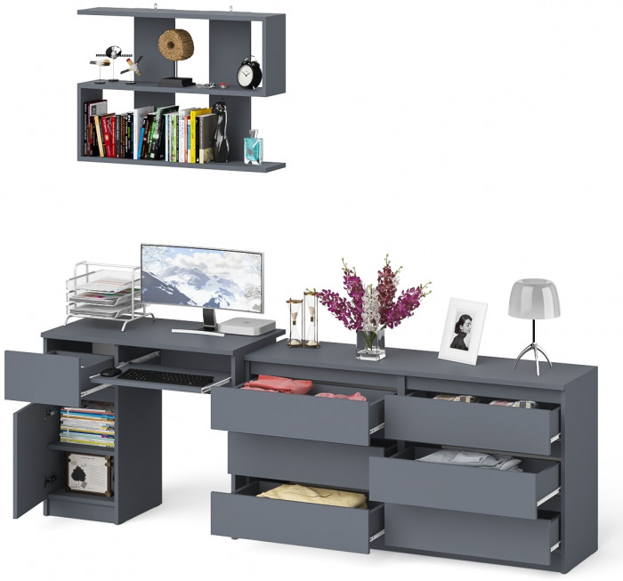Мори компьютерный стол МС-1 левый + Комод МК1380.6 + Полка 900, графит