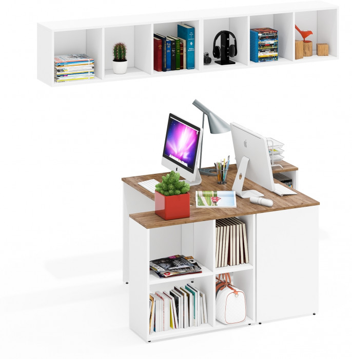 Лидер-8 Стол + Полка + Стол + Полка, цвет белый шагрень/крафт золото, ШхГхВ 330х50/30х75/190 или 230х50/80х75/190 см., НЕ универсальная сборка