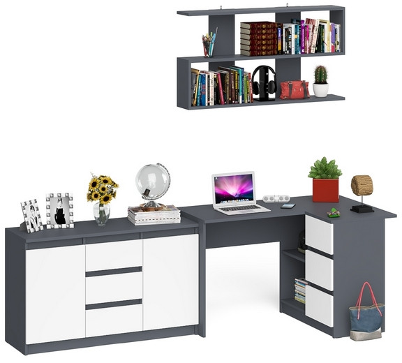 Мори компьютерный стол МС-16 правый + Комод МК1200.3 + Полка 1200, графит/белый