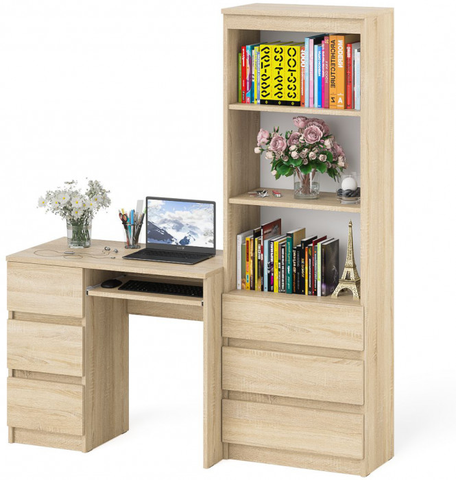 Мори компьютерный стол МС-6 левый + Стеллаж МСТ600.3, дуб сонома
