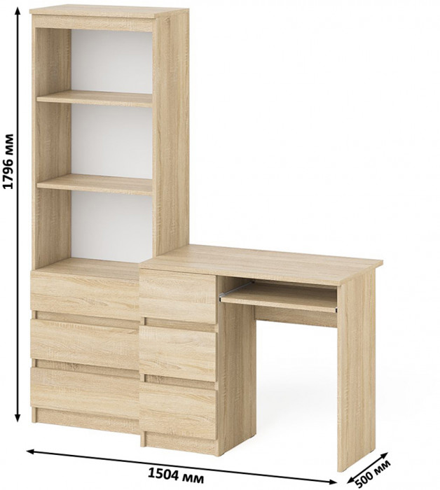 Мори компьютерный стол МС-6 левый + Стеллаж МСТ600.3, дуб сонома