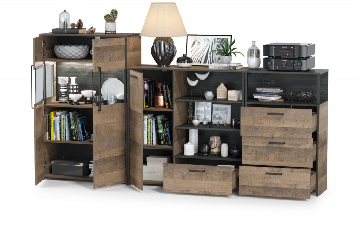 Трувор 13.307.01 Комод + 13.306 Комод с витриной + 13.307.02 Комод с ящиками, дуб гранж песочный/интра