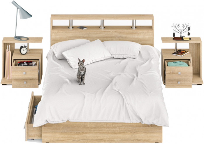 Камелия Кровать с ящиками 1400 + две тумбы, дуб сонома