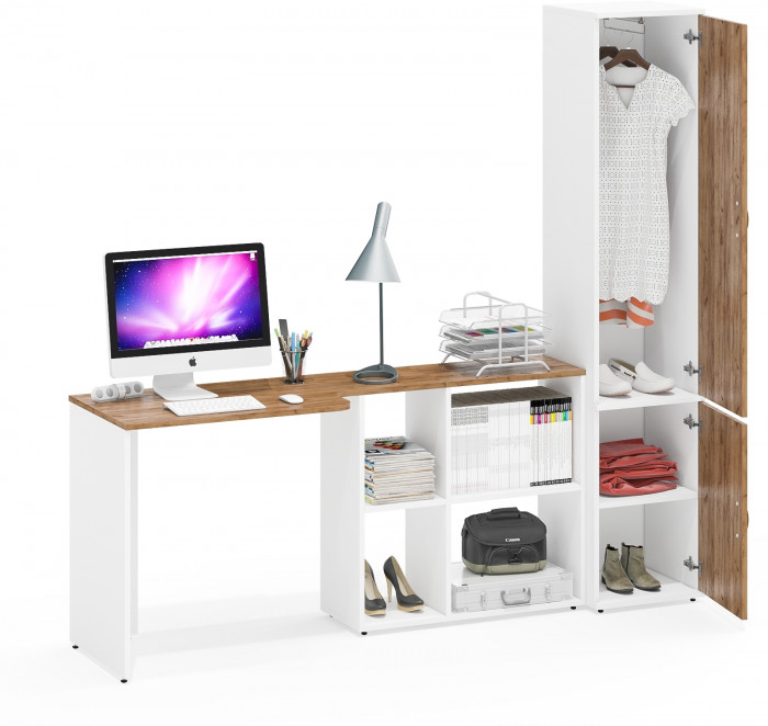 Лидер-8 Стол + Пенал МД 21Б, белый шагрень/крафт золото