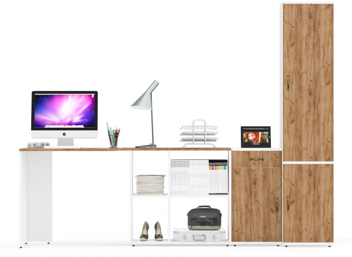 Лидер-8 Стол + Тумба МД 3.15 + Пенал МД 22Б, белый шагрень/крафт золото