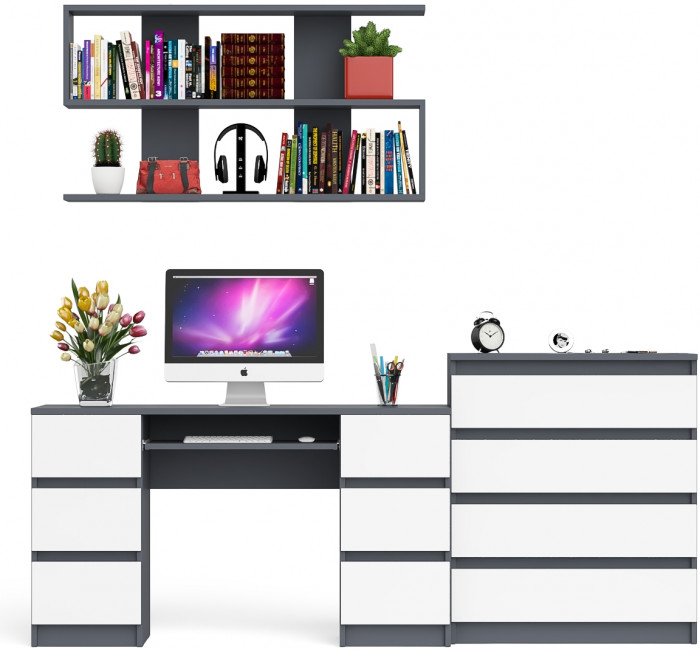 Мори компьютерный стол МС-2 + Комод МК800.4 + Полка 1200, графит/белый