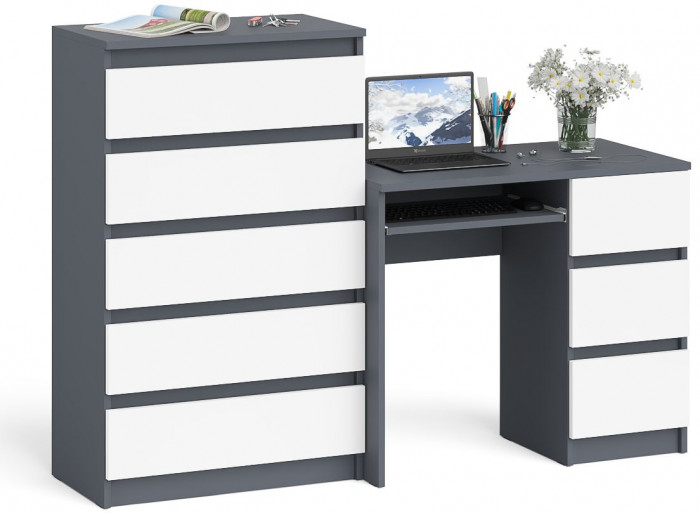 Мори компьютерный стол МС-6 правый + Комод МК700.5, графит/белый