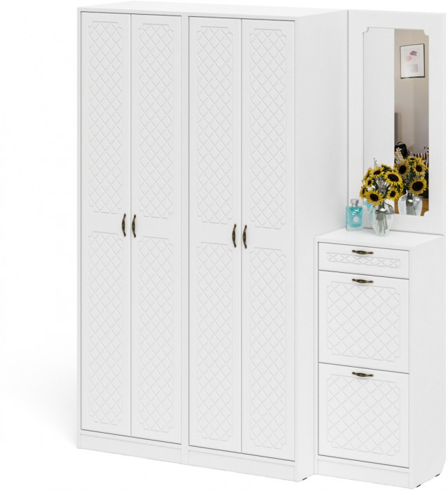 Прихожая П-6 Компоновка № 14, цвет белая шагрень/фасады МДФ белое дерево фрезеровка ромб, ШхГхВ 170х50х210 см., универсальная сборка