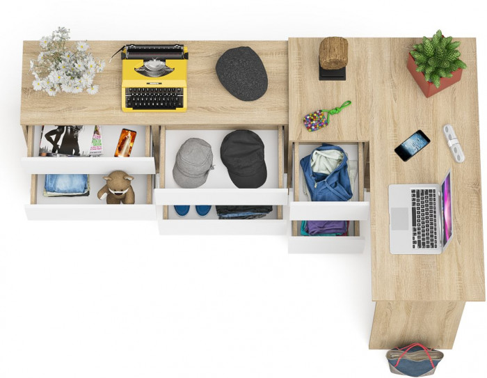 Мори Стол компьютерный МС-16 левый + Комод МК1200.6, цвет дуб сонома/белый, ШхГхВ 244,8х84,9х76,6 см., выдвижные ящики слев, НЕ универсальная сборкаа