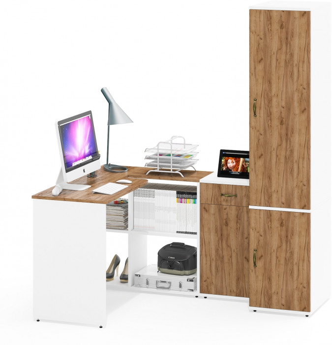 Лидер-8 Стол + Тумба МД 3.15 + Пенал МД 23Б, белый шагрень/крафт золото