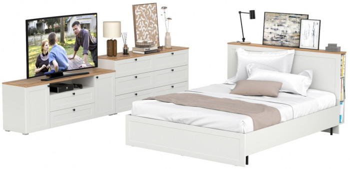 Остин 11.53 Кровать + ортопед + 16.240 Комод + 16.47 Тумба под ТВ, белый шагрень/дуб крафт золотой