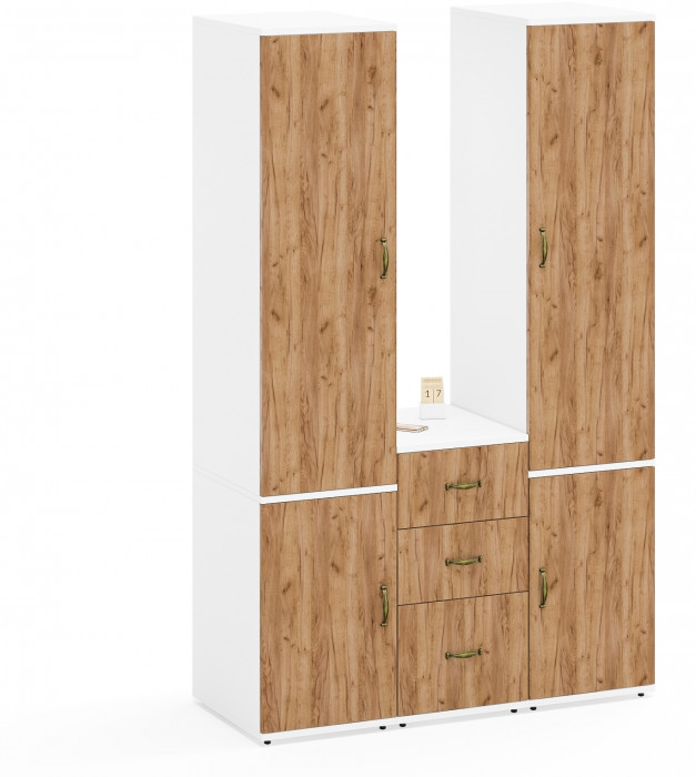 Лидер-8 Пенал МД 23Б + Пенал МД 23Б + Тумба МД 3.16, цвет белый шагрень/крафт золото, ШхГхВ 120х50х190 см., универсальная сборка