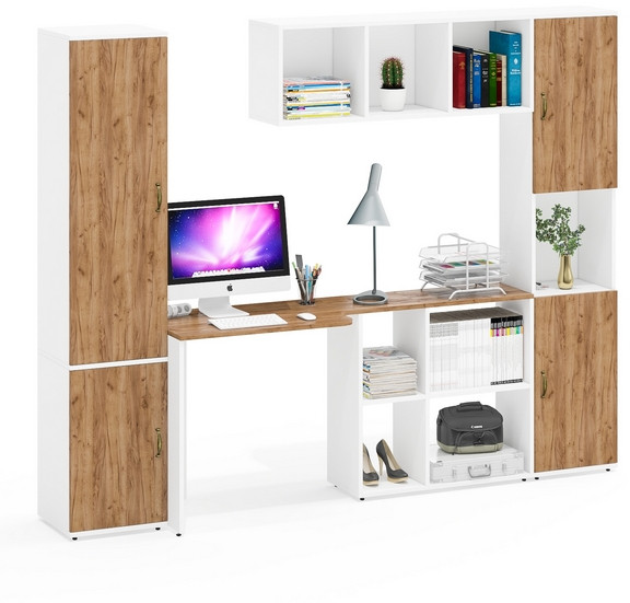 Лидер-8 Пенал МД 21Б + Стол + Полка + Пенал, белый шагрень/крафт золото