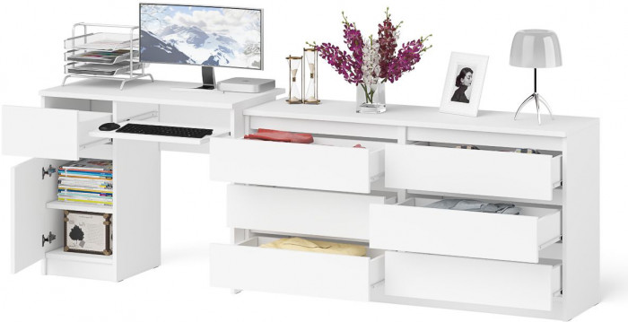 Мори компьютерный стол МС-1 левый + Комод МК1380.6, белый