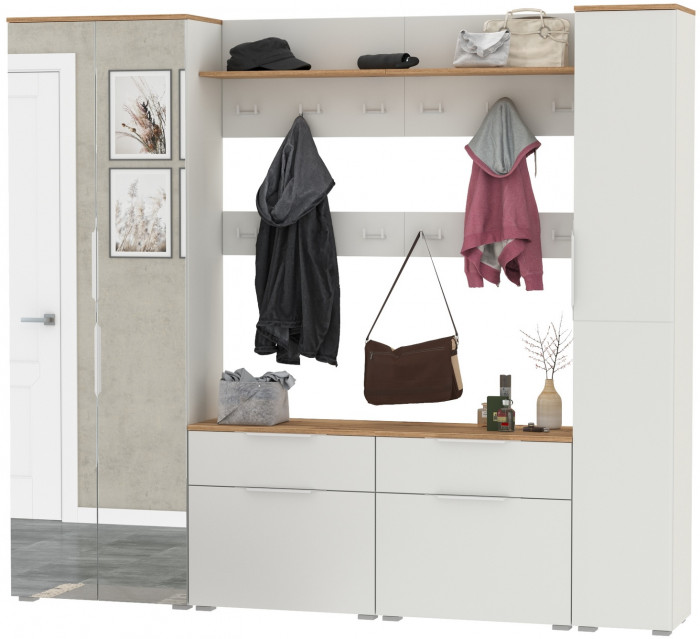 Октава Прихожая 33, белый шагрень/дуб крафт золотой/фасады МДФ белый шагрень