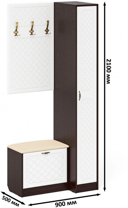 Прихожая П-6 Компоновка № 41, венге/фасады МДФ белое дерево фрезеровка ромб