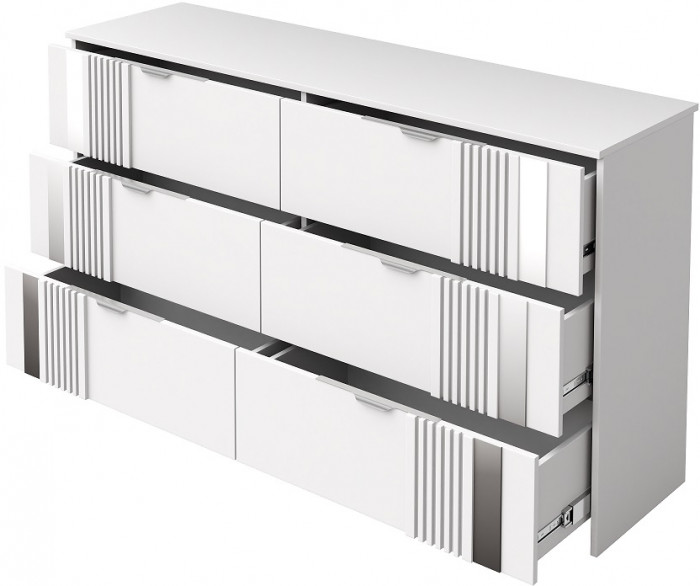 Комод 6 ящиков "Харди" с зеркальными вставками - Белый текстурный/Ясень белый