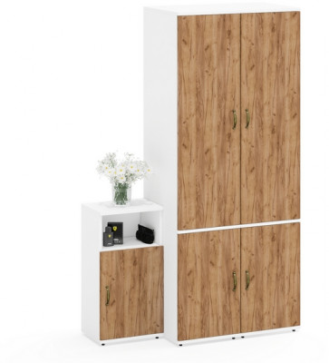 Лидер-8 Пенал МД 23Б + Пенал МД 23Б + Тумба МД 3.19, цвет белый шагрень/крафт золото, ШхГхВ 120х50х190 см., универсальная сборка