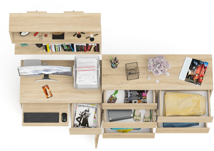 Мори Стол компьютерный МС-1 правый + Комод МК1200.8 + Полка 900, цвет дуб сонома, ШхГхВ 210,4х50х209,6 см., НЕ универсальная сборка