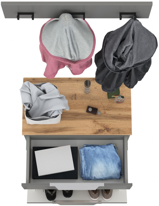 Октава 16.127 Тумба для обуви + 15.14.02 Вешалка, цвет серый графит/дуб крафт золотой/фасады МДФ серый графит, ШхГхВ 64,9х35,4х180 см.