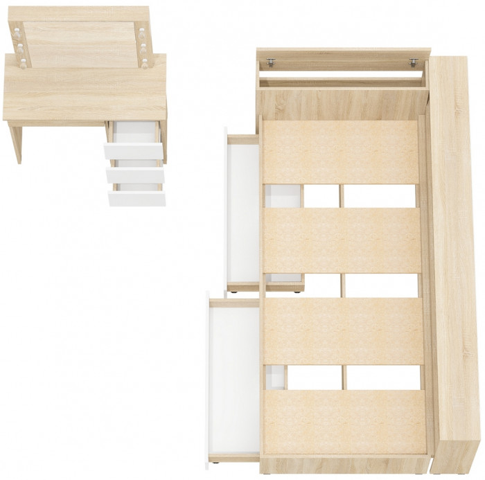 Ксения Кровать с ящиками 0900 + прикроватный блок + Столик с подсветкой Сура, дуб сонома/белый