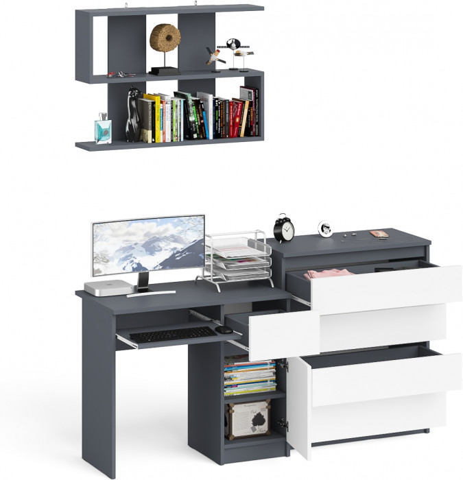 Мори компьютерный стол МС-1 правый + Комод МК800.4 + Полка 900, графит/белый