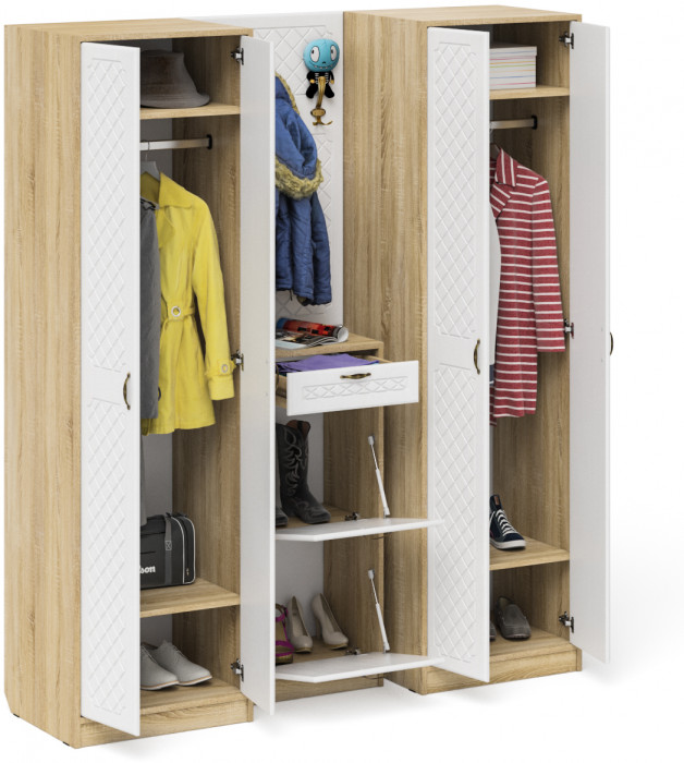 Прихожая П-6 Компоновка № 15, дуб сонома/фасады МДФ белое дерево фрезеровка ромб