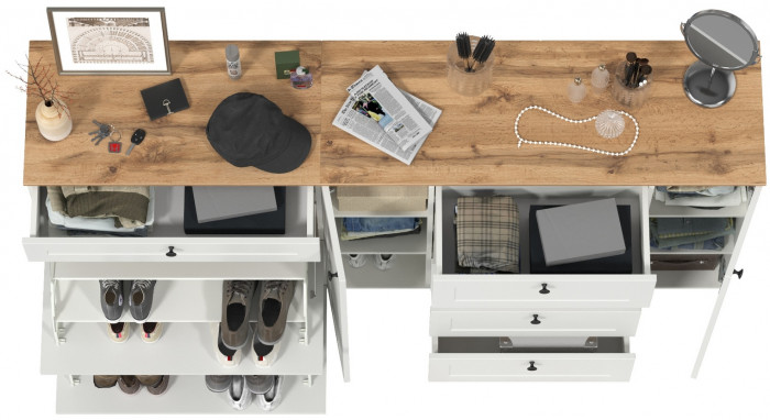 Остин 16.221 Комод + 16.121 Тумба для обуви, цвет белый шагрень/дуб крафт золотой, ШхГхВ 200х41,9х99,3 см., универсальная сборка