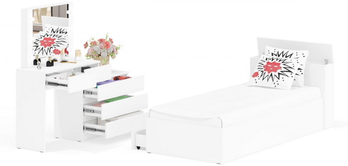 Ксения Кровать с ящиками 0900 + Стол косметический с подсветкой 110, белый