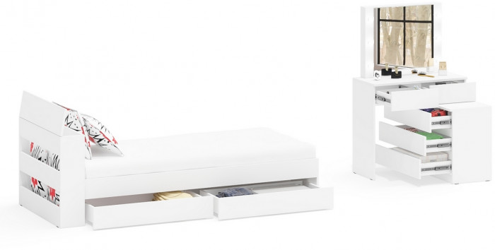 Ксения Кровать с ящиками 0900 + Стол косметический с подсветкой 110, белый