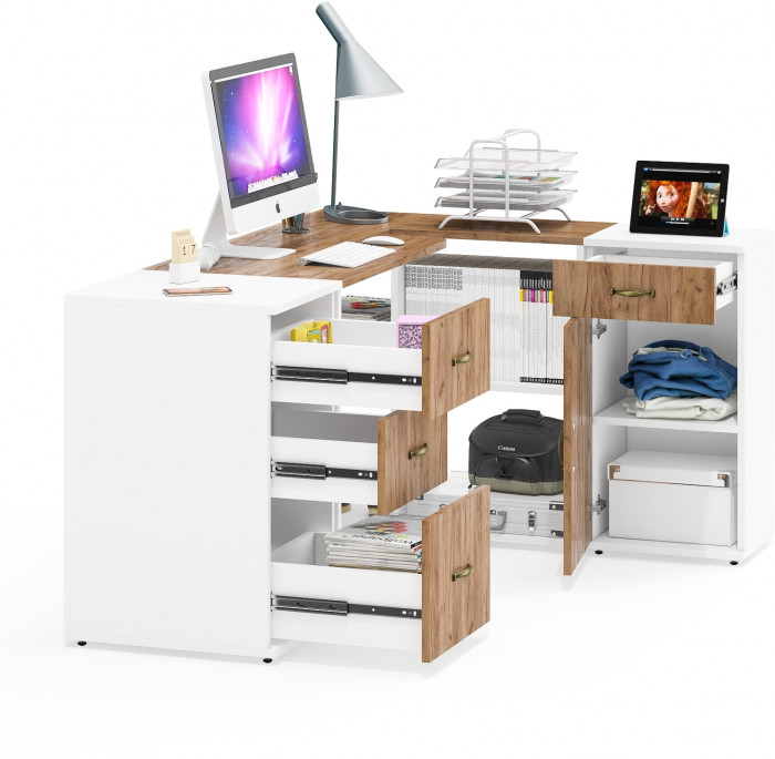 Лидер-8 Стол + Тумба МД 3.15 + Тумба МД 3.16, белый шагрень/крафт золото