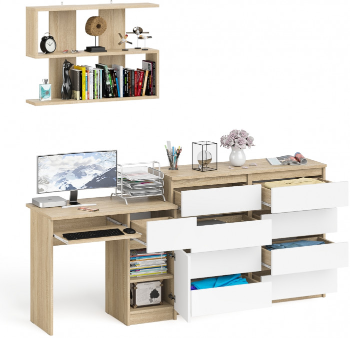 Мори Стол компьютерный МС-1 правый + Комод МК1200.8 + Полка 900, цвет дуб сонома/белый, ШхГхВ 210,4х50х209,6 см., НЕ универсальная сборка