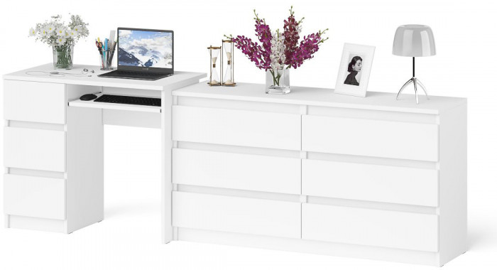 Мори Стол компьютерный МС-6 левый + Комод МК1380.6, цвет белый, ШхГхВ 228х50х76,6 см., выдвижные ящики слева, НЕ универсальная сборка