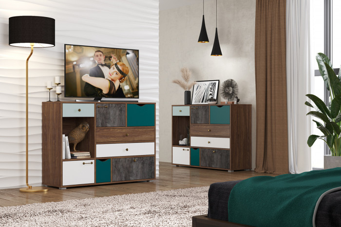 Вайс Комод 10.104 + Комод 10.104, цвет морское дерево винтаж/камень тёмный/бензин/мята/белый премиум, ШхГхВ 242,4х39,9х88,8 см., НЕ универс. сборка