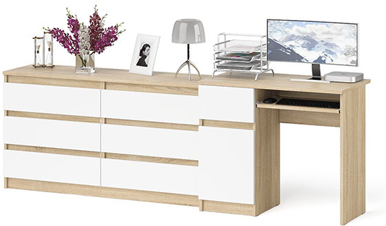 Мори компьютерный стол МС-1 левый + Комод МК1380.6, дуб сонома/белый