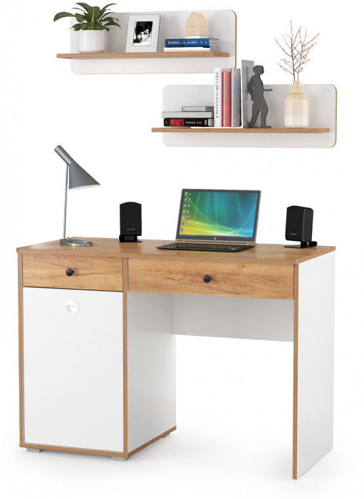 Вуди Стол письменный 12.42 + 2хПолка 15.46, цвет белый премиум/дуб крафт золотой, ШхГхВ 110х52,7х180 см., универсальная сборка