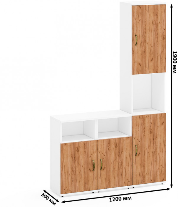 Лидер-8 Пенал + Тумба МД 3.19 + Тумба МД 3.19, цвет белый шагрень/крафт золото, ШхГхВ 120х30х190 см., универсальная сборка