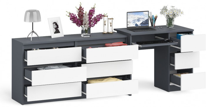 Мори Стол компьютерный МС-6 правый + Комод МК1380.6, цвет графит/белый, ШхГхВ 228х50х76,6 см., выдвижные ящики справа, НЕ универсальная сборка