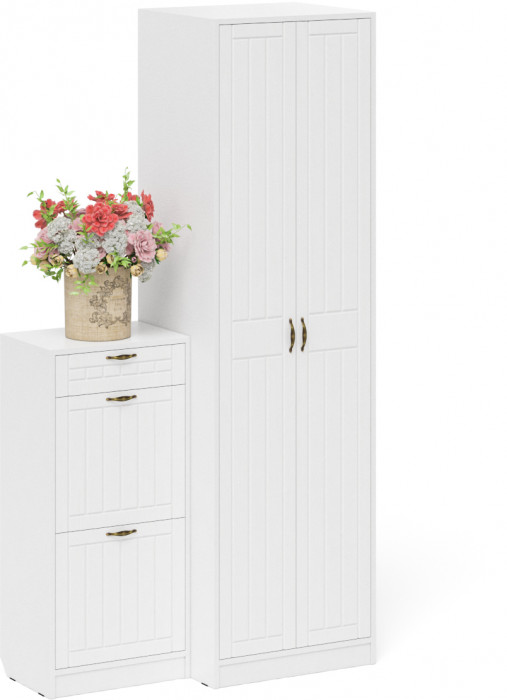 Прихожая П-6 Компоновка № 16, белая шагрень/фасады МДФ белое дерево фрезеровка прованс