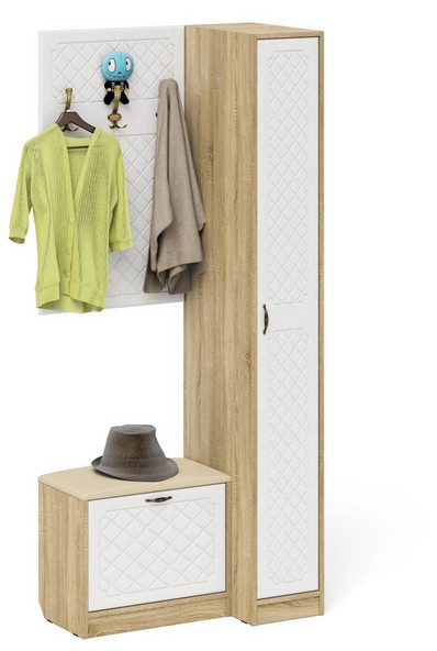 Прихожая П-6 Компоновка № 41, дуб сонома/фасады МДФ белое дерево фрезеровка ромб