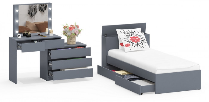 Ксения Кровать с ящиками 0900 + Стол косметический с подсветкой 110, графит