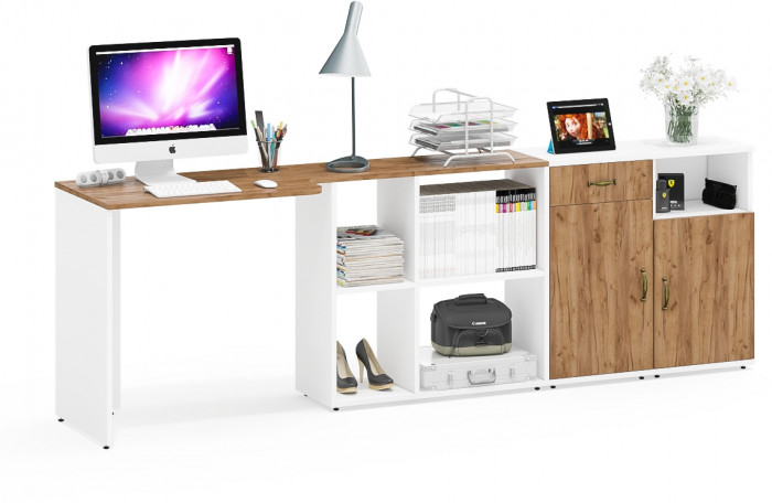 Лидер-8 Стол + Тумба МД 3.15 + Тумба МД 3.19, белый шагрень/крафт золото