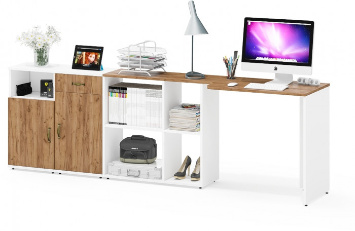 Лидер-8 Стол + Тумба МД 3.15 + Тумба МД 3.19, белый шагрень/крафт золото