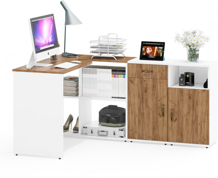 Лидер-8 Стол + Тумба МД 3.15 + Тумба МД 3.19, белый шагрень/крафт золото