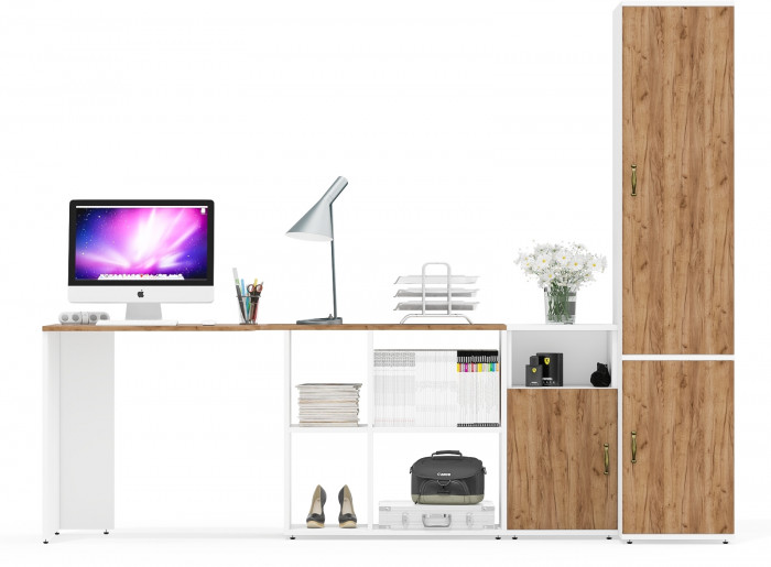 Лидер-8 Стол + Тумба МД 3.19 + Пенал МД 23Б, цвет белый шагрень/крафт золото, ШхГхВ 245х50х75/190 или 155х120/50х75/190 см., НЕ ун. сборка